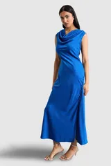 ウエアハウス レディース トップス ワンピース サテン Warehouse Cowl Biasatin Button Detail Dress Cobalt コバルトのサムネイル