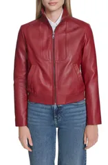 コールハーン レディース アウター ジャケット・ブルゾン レザー Cole Haan Stand Collar Leather Bomber Jacket Dark Red レッドのサムネイル