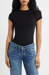 トップショップ レディース トップス シャツ コットン キャップ Topshop Strech Cotton Cap Sleeve TShirt Black ブラックのサムネイル