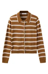 マンゴ レディース アウター カーディガン MANGO Stripe Collared Cardigan Caramel ストライプのサムネイル