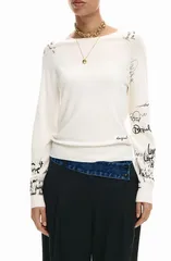 デジグアル レディース アウター パーカー・スウェット セーター グラフィック Desigual Fine Gauge Graphic Sweater Ivory アイボリーのサムネイル