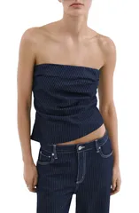 マンゴ レディース トップス シャツ ストラップレス デニム MANGO Isola Pinstripe Denim Strapless Top Indigo Blue インディゴのサムネイル