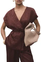 マンゴ レディース アウター ベスト ジャケット MANGO Double Breasted Crinkled Effect Wrap Jacket Chocolate チョコレートのサムネイル