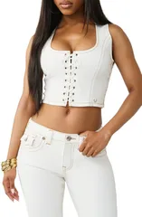 トゥルーレリジョン レディース トップス シャツ デニム レース True Religion Lace Up Crop Denim Top Winter White ホワイトのサムネイル