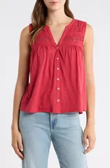 ラッキーブランド レディース トップス シャツ コットン レース Lucky Brand Lace Inset Cotton ButtonUp Tank Deep Claretのサムネイル