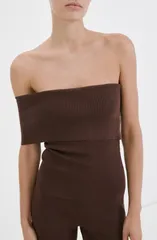 マンゴ レディース トップス シャツ MANGOff the Shoulderib Top Chocolate チョコレートのサムネイル