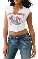トゥルーレリジョン レディース トップス Tシャツ グラフィック True Religion Crop Distressed Buddha Crystal Graphic TShirt Optic Wのサムネイル