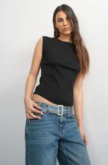 トップショップ レディース トップス シャツ リブニット コットン ニット Topshop Rib Knit Stretch Cotton Boyfriend Tank Black ブラックのサムネイル