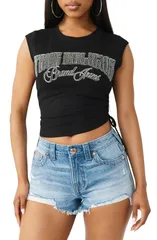 トゥルーレリジョン レディース トップス シャツ ギャザー True Religion Crystal Ruched Baby Tee Jet Black ブラックのサムネイル