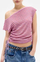 アーバンアウトフィッターズ レディース トップス シャツ ギャザー BDG Urban Outfitters Bailey Striped Ruched Topink Stripe ピンクのサムネイル