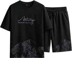 emptio エンプティオ 半袖 上下セット 半ズボン セットアップ プルオーバー スポーツウェア tシャツ メンズ 通気性 リラックス ハーフパンツ 短パン 運動 アウトドア クルーネック 2枚組 涼しい 柔らかい (カーボンブラック,  L)