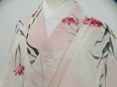 新品未使用 綿麻 浴衣 変わり織り 麻の葉 雪花絞り風 花 ゆかた 夏着物