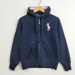 00s Ralph Lauren ビッグポニー ジップアップパーカー スウェット ワンポイント ピンク 裏起毛 Y2K 古着 ネイビー系 M F24のサムネイル