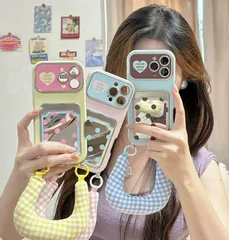 シンプル無地 ミラー水玉カード収納ケース iPhone14/15/16/17ProMax 対応 ハンドストラップ付き レディース