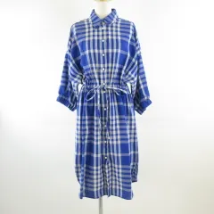 ザラウーマン ZARA WOMAN シャツワンピース ひざ丈 七分袖 チェック 青 L *T683