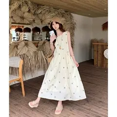2026夏新作 リボン 刺繍 ノースリーブ キャミソールワンピース リゾート ゆったり ロング丈 レディース