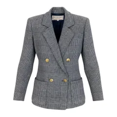 63f2 YVES SAINT LAURENT イヴサンローラン ダブルブレスト テーラードジャケット グレンチェック柄 金ボタン カシミヤ混 サイズM ネイビー ホワイト レディース 女性服o07tのサムネイル
