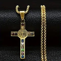 ネックレス 十字架 カラーストーン メンズ 60cm ゴールド クロス 金属 ペンダント  アクセサリー ストリート系 おしゃれ カジュアル レディース t10726