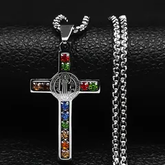 ネックレス 十字架 カラーストーン メンズ 60cm シルバー クロス 金属 ペンダント  アクセサリー ストリート系 おしゃれ カジュアル レディース t10727