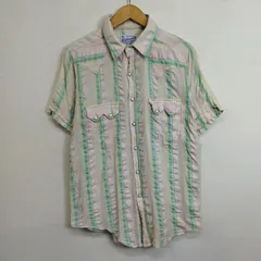 90s Rockmount Ranch Wear USA製 半袖 ウエスタンシャツ ストライプ ボーダー スナップボタン フラップポケット 古着 VINTAGE グリーン ピンク 15.5 F23のサムネイル