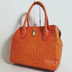 美品 FURLA トートバッグ クロコ型押し 金ボタン ブラウン系 h833 