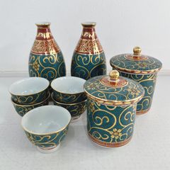 9点セット】徳利 お猪口 良山造 青粒 金彩鉄仙唐草文 酒器 九谷焼 盃 