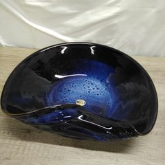 剣山付き】信楽焼 花器 青釉 三角 扇型 生け花 華道【直径28cm 