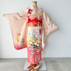 T540 七五三 7歳女の子 着物 四つ身 朱色 セミアンティーク レトロ