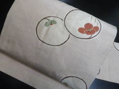 R63未着用名古屋帯 唐織九寸 丸文に花模様 正絹 着物帯 仕立て上り美品 