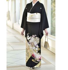 黒留袖 正絹 裄丈長め 未丈長め 飛鶴 松竹梅 菊 金彩 雲取り 1012