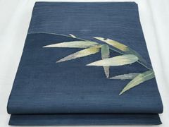 名古屋帯】夏帯 紗 未仕立て 混紡 紺色 水面に草葉柄 薄物 盛夏 - メルカリ