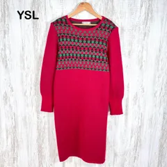 美品 YSL Yves Saint Laurent イヴサンローラン ボーダー ウール ニット ロング ワンピース レッドのサムネイル