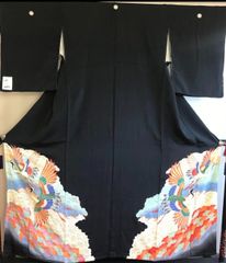 リメイク用 アンティーク着物 黒留袖五つ紋 鮮やか江戸褄模様 縮緬 橘