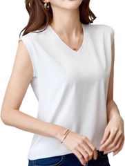 Fiorior 은근하게 쾌적한 촉감 민소매 레이디스 t셔츠 V넥 무지 탱크 탑 속건 시원한 스트레치 프렌치 슬리브 여름 탑스 주름이 어려운 (화이트, M)