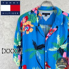 トミーヒルフィガー 半袖ポロシャツ 刺繍ロゴ ブルー系 ボタニカル XXL 