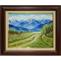 真作】絵画 山田安次 油彩6号 残雪山村 雪嶺望む田園風景 風景画 C57