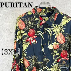 T035【PURITAN】ネイビー パイナップル 総柄 アロハシャツ〔3XL〕