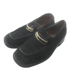 グッチ GUCCI ローファー スエード スクエアトゥ Gロゴ ゴールド金具 38.5 25.5㎝ 黒 ブラック /XZ ■GY17