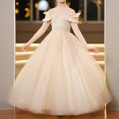 キッズ ドレス オフショルダー チュール フレア プリンセス スパンコール 半袖 ロング丈 ピアノ 発表会 子ども服 女の子 フォーマル フェミニン シャンパンカラー 160cm