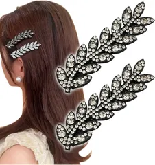 【上品きらめく】ビジューヘアピン 2本セット ラインストーン リーフモチーフ ヘアクリップ 前髪留め ヘアアクセ　b-532