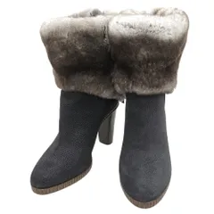 超美品 エルマノ シェルビーノ ERMANNO SCERVINO 現行ロゴ ファー 編み上げ アンクルブーツ ショートブーツ 36 1/2 23-23.5cm 黒のサムネイル