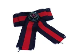 ■美品■ GUCCI グッチ ウェブ グログラン ボウ カラーストーン ピンブローチ ピンバッジ アクセサリー ネイビー系×レッド系 HA3922のサムネイル