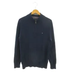 トミーヒルフィガー TOMMY HILFIGER ニット セーター M 紺 ネイビー スタンドカラー 長袖 ハーフジップ ロゴ /MN5 ■GY99