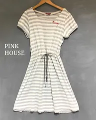 PINK HOUSE ピンクハウス ボーダー 半袖ワンピース ウエストリボン 白 グレー　Aライン　フレア　レースのサムネイル