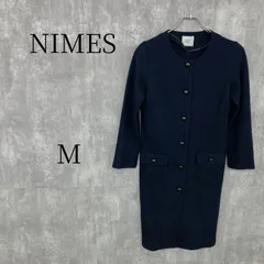 NIMES ニーム ウール100% ロングコート ネイビー 紺 Mサイズ クルーネック ノーカラー シンプル ナチュラル ベーシック 秋冬 アウター ジャケット レディース 長袖 大人カジュアル オフィス 通勤 通学 普段使い 合わせやすい 暖かいのサムネイル