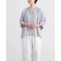 HEAVENLY (ヘブンリー) | LINEN CHECK FRILLNECK DOLMAN BLOUSE (gray) | レディース ブラウス リネン チェック フリルネック ドルマンブラウス 麻 ゆったり グレー ナチュラル 春夏のサムネイル