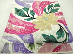 名古屋帯 洒落帯 高級 ♢ 正絹 アンティーク 刺繍 花柄 草花 393