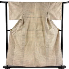 紬 身丈157.5cm 裄丈63cm S 袷 格子 ベージュ 正絹 秀品 【中古】のサムネイル