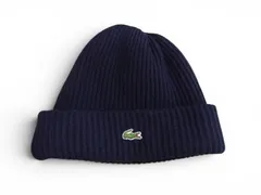 LACOSTE ラコステ ニット帽 ビーニー ワニロゴ ネイビー フリーサイズ 日本製 ウール リブ編み 帽子 メンズ レディースのサムネイル