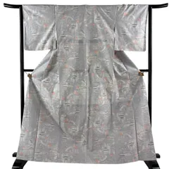 紬 身丈166cm 裄丈63.5cm S 袷 建物 草花 灰紫 正絹 優品 【中古】のサムネイル